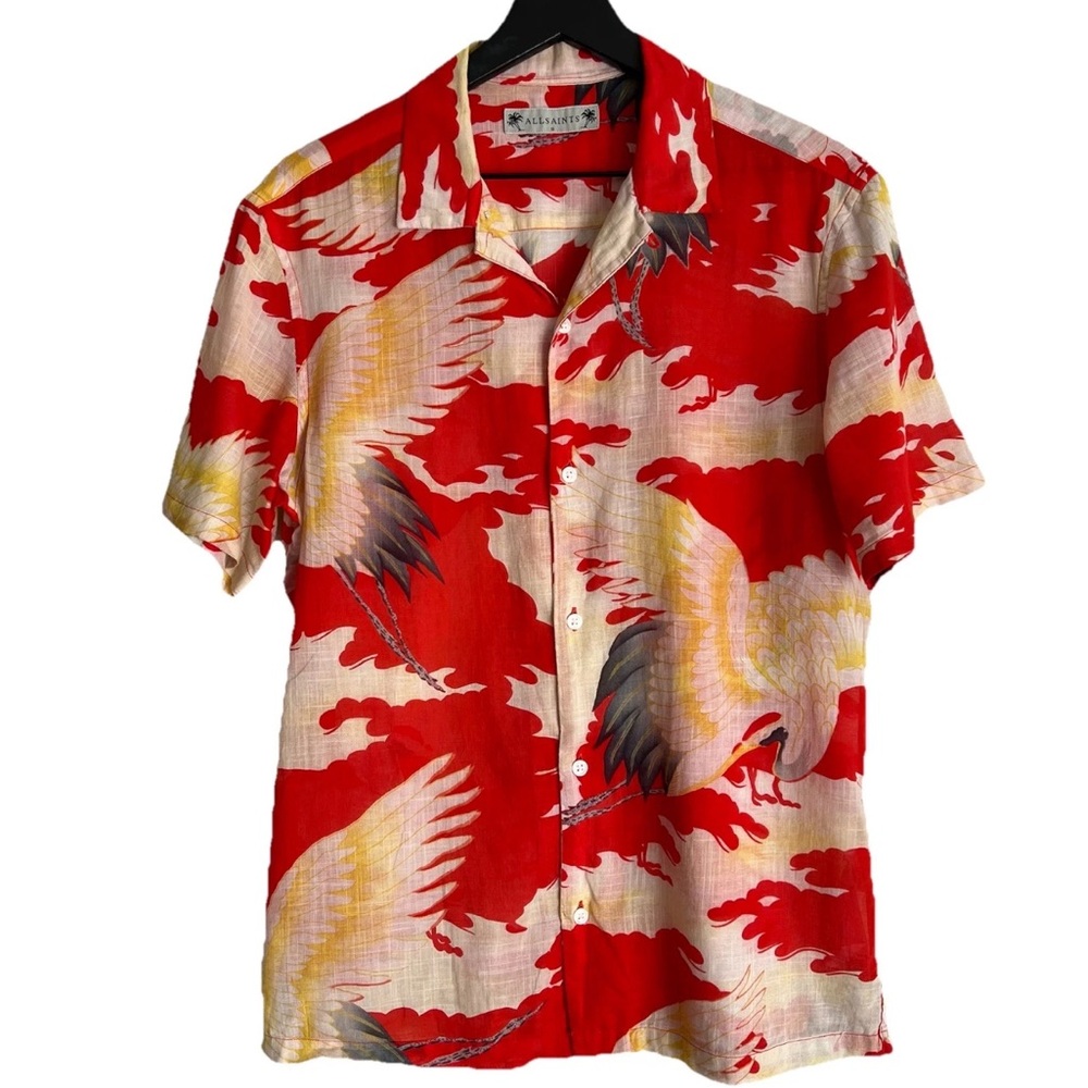 All SAINTS Men's Miyake SS Crane Print Red Cotton Camp Shirt Size S